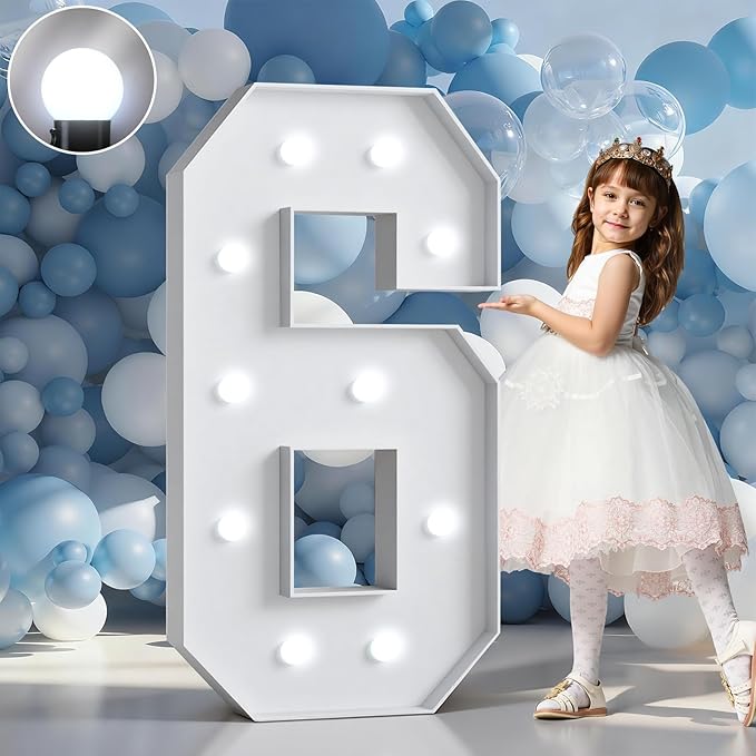 Marquee Numbers 4 Feet Tall Big Light Up Numbers 6th 16th 60th Happy Birthday Decorations Girl Boy Sweet 16 White Anniversary Party Decor Large Cardboard Prop Backdrop Sign 6