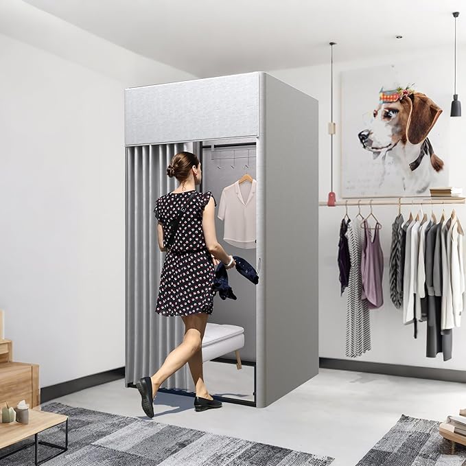 Clothing Store Fitting Room, Portable Dressing Room, Movable Changing Room for Boutique with Shading Fabric Cloth Privacy Curtains Screen for Bar Party Pool (Grey)
