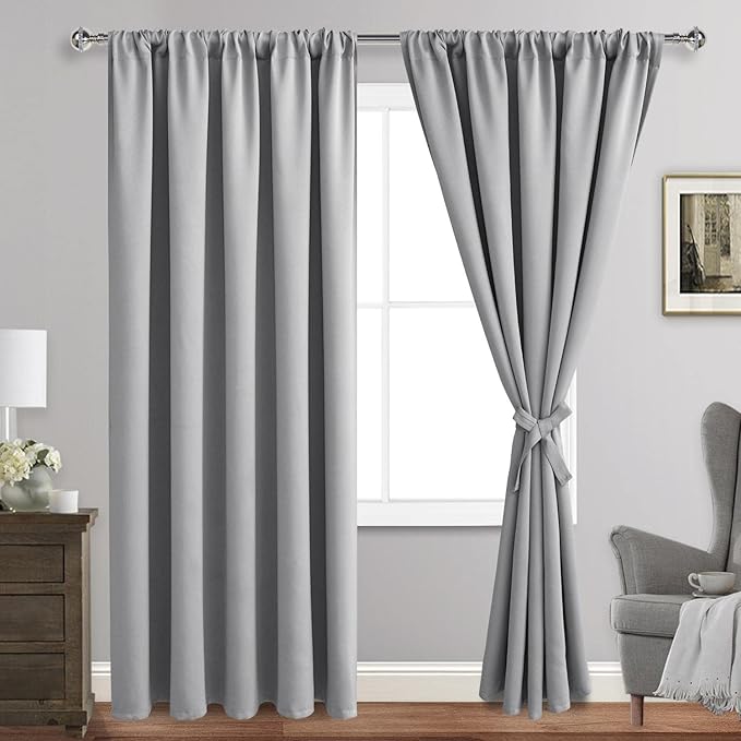 JIUZHEN Curtains for Bedroom - Thermal Insulated Blackout Curtains with Tiebacks, Room Darkening Curtains Energy Saving & Noise Reducing, 60 x 84 Inch Length Curtains for Living Room, Silver Grey