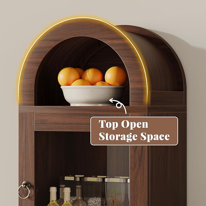 71” Tall Arched Pantry Cabinet with Glass Door, Display Cabinet Organizer with Drawer, Versatile Pantry with Top-Opening Storage Container for Living, Kitchen Dining Room, Brown