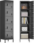 Aobabo 16" W 5 Door Metal Storage Locker with Lock, 66" H Steel Locker with Name Card Holder and Metal Leg for School, Home, Office, Playroom, Assembly Required, Black