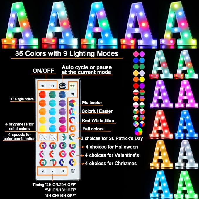 Pooqla Colorful Light Up Letters with Remote, Upgraded 35 Colors LED Marquee Letters, RGB Lighted Letter for Girls Teenager Gift, Birthday, Party, Wedding, Night Light, Room, Bedroom Decor, Letter A