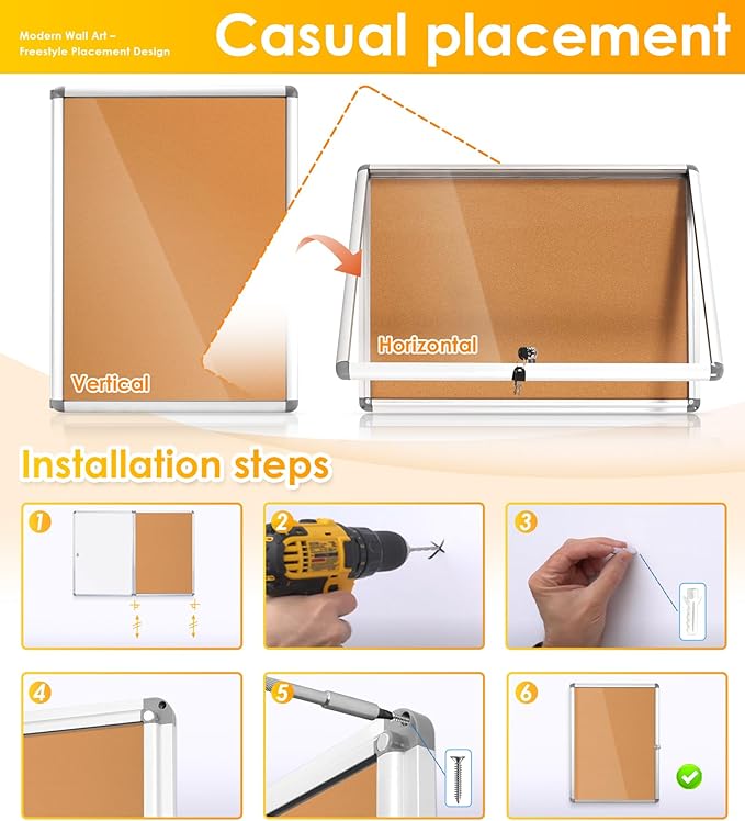 SWANCROWN Enclosed Bulletin Cork Board 24x18 in, Lockable Bulletin Board Tamperproof Wall Display Case for Office School Trade Community, Aluminum Frame