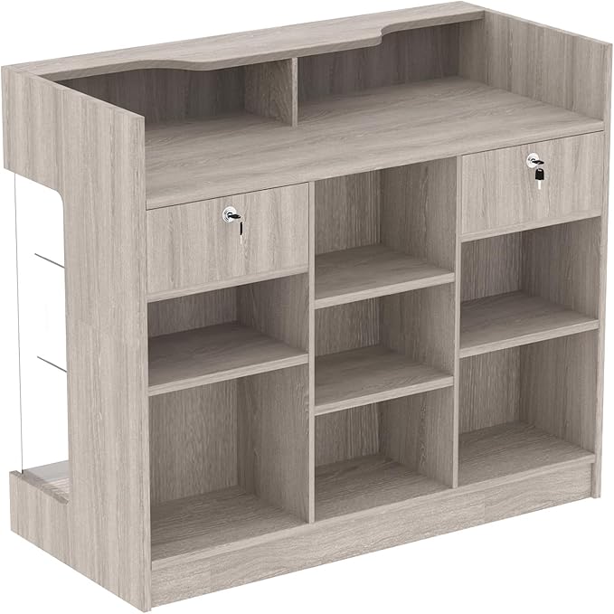 48" W x 22" D x 42" H - Tempered Glass Retail Display Case, Reception Desk, Retail Checkout Counter with Lockable Drawers, Suitable for Offices, Retail Stores and Boutiques (Gray Wood Grain)