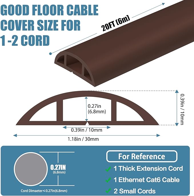 Floor Cord Covers for Wires 20FT Cable Hider Wire Cover Self Adhesive Cord Hider Floor for Offices, Homes, Workshops, Warehouses Cable Cavity 0.39" W x 0.27" H