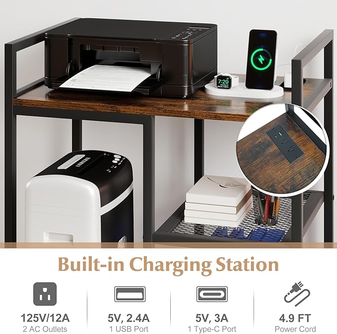 Giantex 3-Tier Printer Stand with Charging Station, 2 Open Storage Shelves, Side PC Stand on Wheels, 25" x 16" Mobile Printer Table for Computer Tower, Printer Shredder, Fax, Under Desk, Home Office