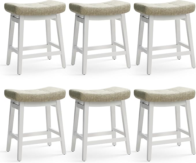 Counter Height Bar Stools Set of 6 for Kitchen Counter Farmhouse Modern Barstools with Faux Leather Upholstered Backless Seat and Solid Wood Legs 24 inch Bar Chairs, Light Grey + White