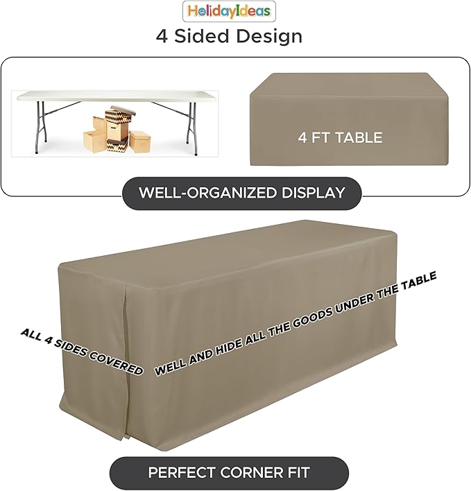 HolidayIdeas Fitted Tablecloths for 6 Foot Rectangle Table, Wrinkle Resistant Washable Table Cover 30x72 Inch for Vendor Booth Display, Banquet, Trade Show, Taupe, 4 Pcs