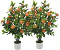 Artificial Camellia Tree 35in Faux Floral Plant with Orange Flowers and Green Leaves - No Maintenance Indoor Outdoor Office Home Porch Decor Housewarming Gift(2-Pack，Orange)