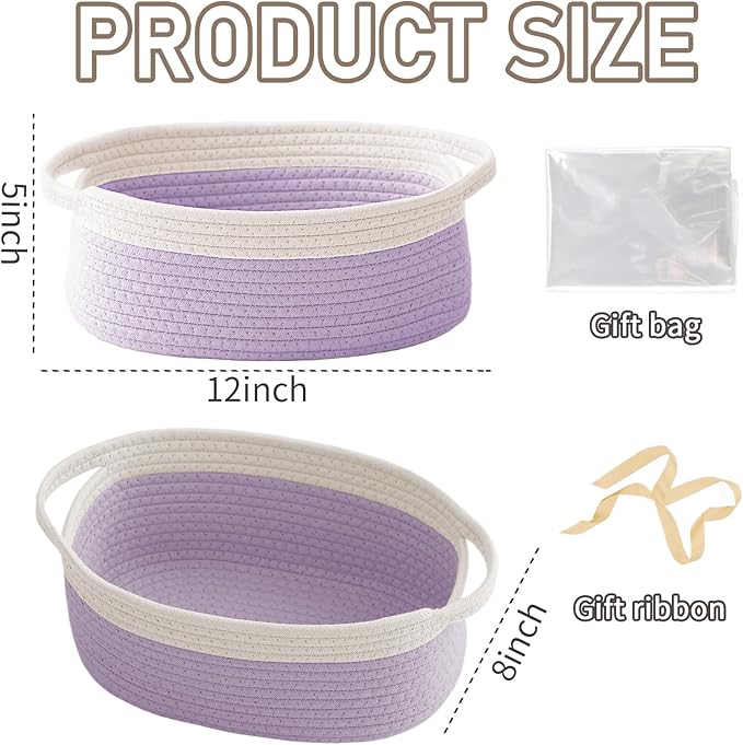 Woven Basket,Small Rope Storage Bin with Handles & Ribbon Bag, Organizer for Shelves Closets,Gift Basket Empty for Birthday,Books,Dog Toys, White&Purple/2 Pack