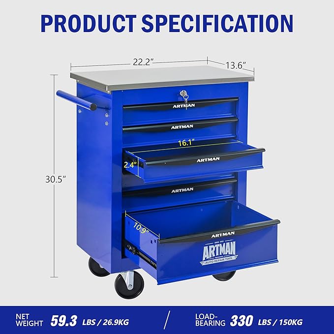 6 Drawers Tool Cart on Wheels with Stainless Steel Worktop, Heavy Duty Mobile Rolling Drawer Tool Chest with Locking Wheels & Lockable Drawers, Garage Tool Storage Cabinet (Blue, 6 Drawers)