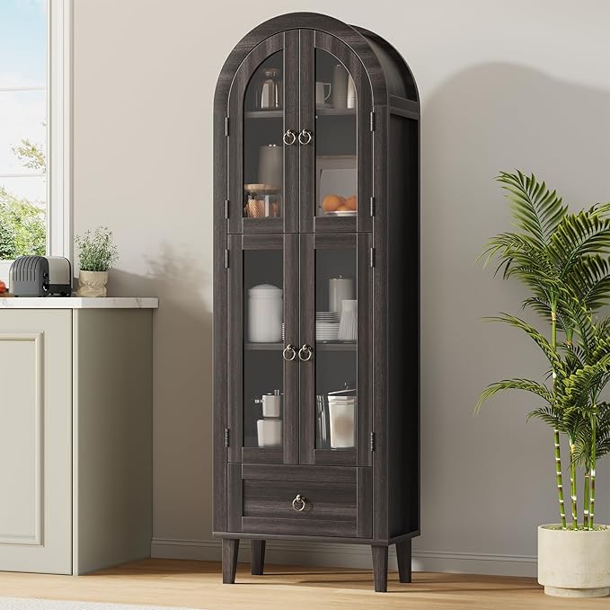 71” Tall Arched Pantry Cabinet with Glass Door, Display Cabinet Organizer with Drawer, Versatile Pantry with Top-Opening Storage Container for Living, Kitchen Dining Room