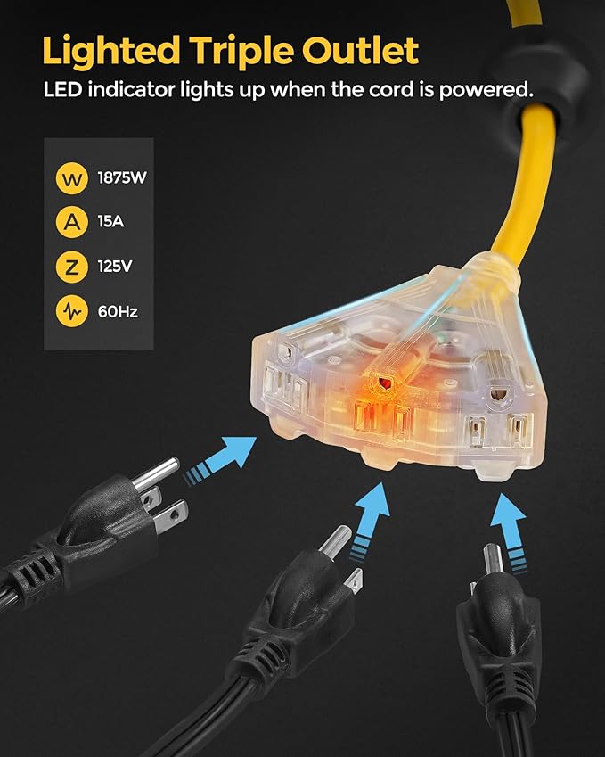 Retractable Cord Reel, 60 FT Heavy Duty Extension Cord, 12AWG/3C SJTOW, 3 Grounded Outlets Lighted Triple Tap, 15A Circuit Breaker, Wall/Ceiling Mounted, UL Listed, Yellow Y60CR06