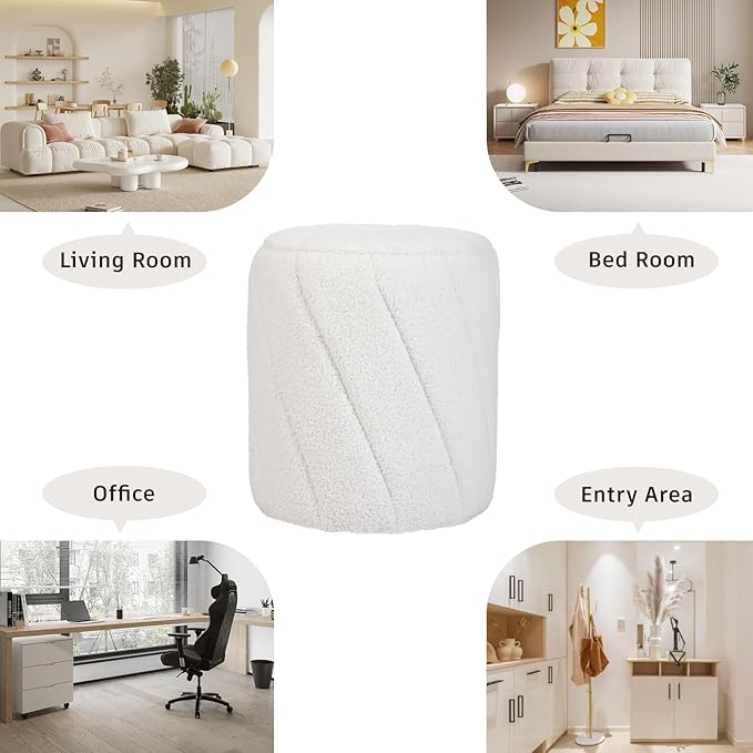 Modern Round Ottoman, Spiral-Tufted Foot Stool Ottoman, Teddy Fleece Upholstered Vanity Stool for Makeup, Bedroom, Living Room, White