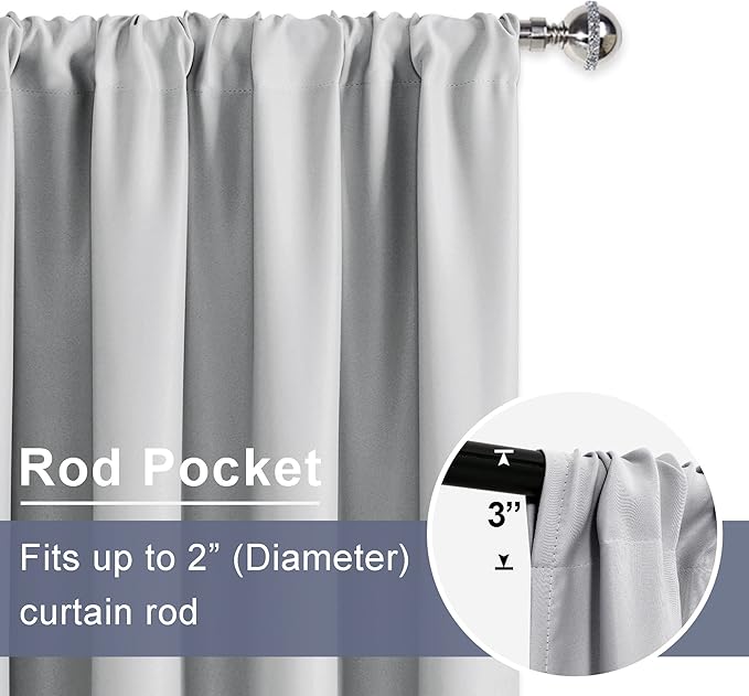 JIUZHEN Thermal Insulated Blackout Curtains - Room Darkening, Energy Saving & Noise Reducing, 52 x 84 Inch Length Curtains for Bedroom & Living Room, Silver Grey