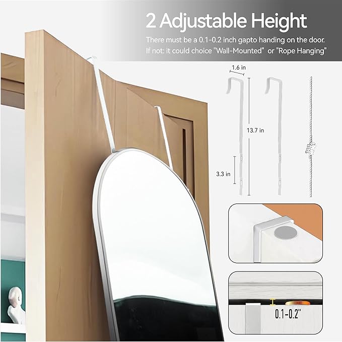 57x20 Door Hanging Full Length Mirror, Floor (Height 5.7ft just Body in1.3ft) Wall Mounted Metal Frame Arch Dressing Mirrors for Bedroom Bathroom Living Room 57 inch Silver