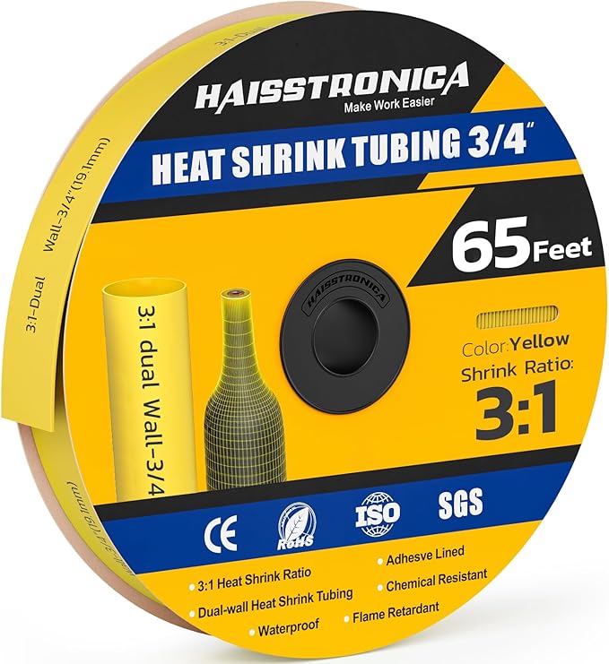 haisstronica 3:1 Heat Shrink Tubing, Shrink Ratio Adhesive Lined Marine Grade Heat Shrink Tube for Home, Automotive and Industrial (Yellow) 65FT 3/4inch