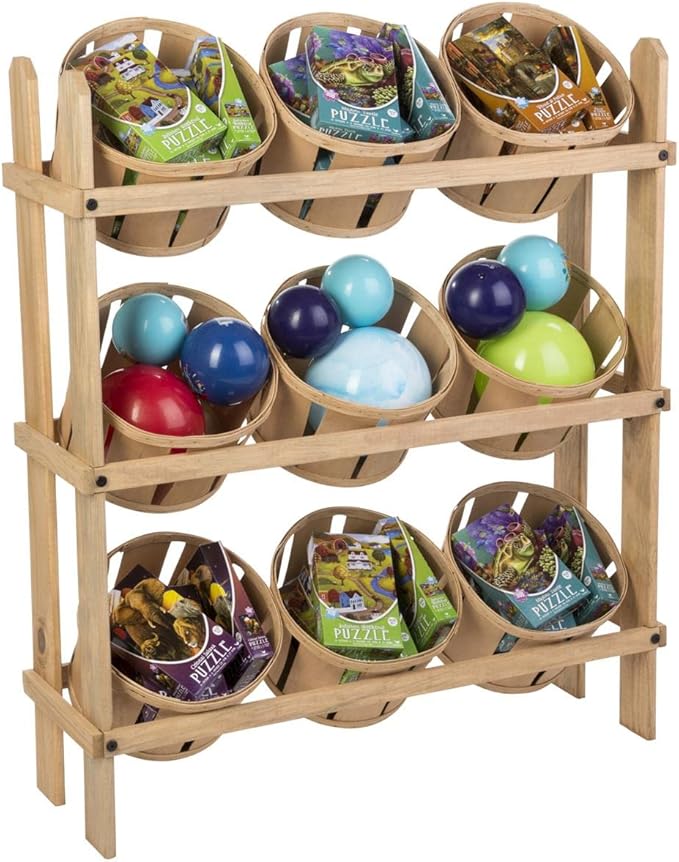 Displays2go Tiered Wooden Display, Floor Standing, 9 Baskets – Oak (PN9BKTOAK)