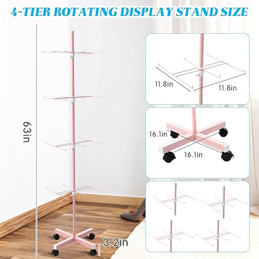 Ripeng 1 Pcs Retail Display Stand Rotating Spinner Display Rack Adjustable Jewelry Stand with Wheels for Keychains Earrings Craft Shows Vendor Events & Stores Accessories (4 Tier,Pink)