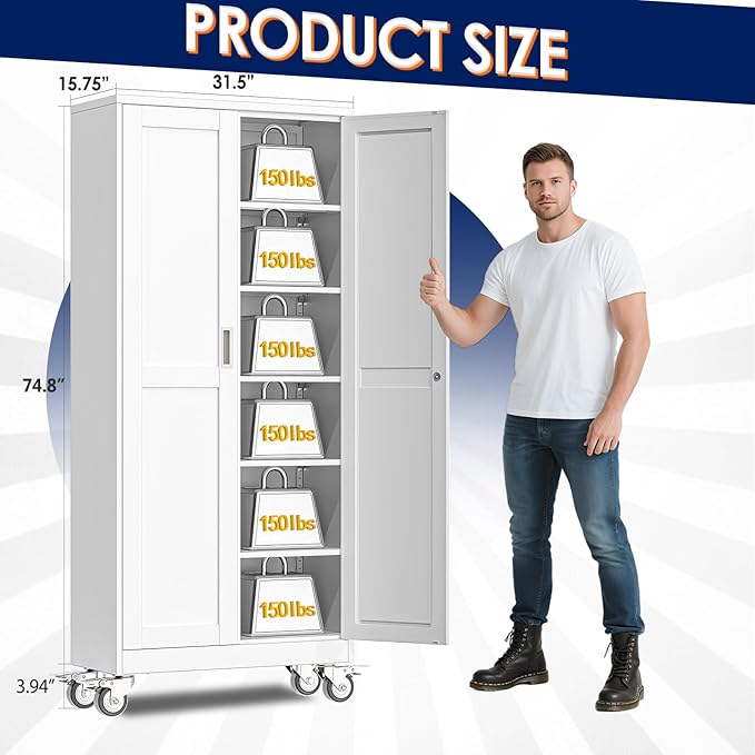 75" H Metal Garage Storage Cabinet, Rolling Tool Cabinet with 2 Doors and Wheels, Locker Steel Cabinet with 5 Adjustable Shelves, Organization Cabinet for Garage,Office,Home,Gym,School（White）