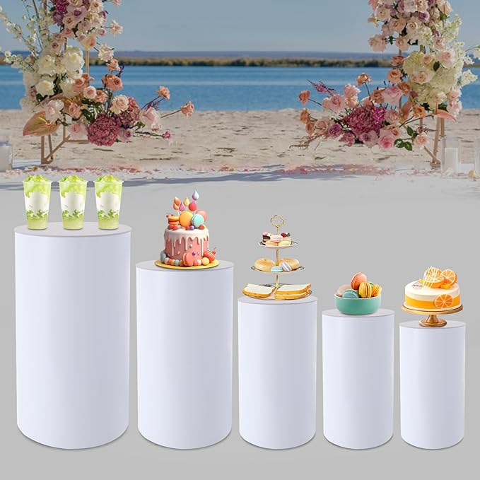DouSeiAi 5Pcs Cylinder Pedestal Stands for Party, White Round Cylinder Display Plinth Pillars for Wedding Birthday Cake Table Decor
