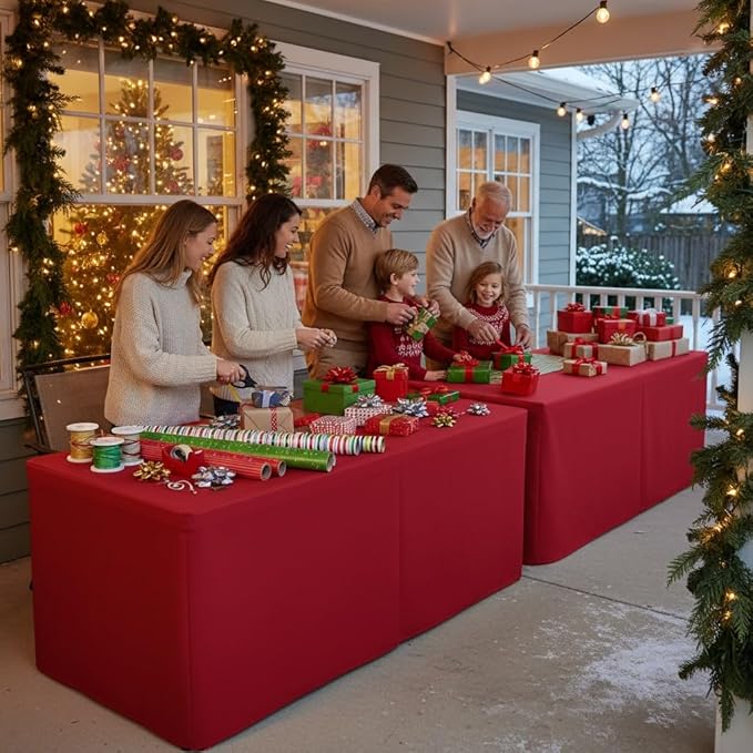 HolidayIdeas 4 Pack Red Fitted Tablecloth for 6ft Tables, 4-Sided Christmas Table Cover for Holiday Markets, Yard Parties, & Gift Tables, Wrinkle-Resistant Washable Xmas Decorations