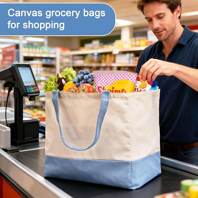Reusable Grocery Bags Heavy Duty, 8.3 gal Foldable Large Canvas Tote Bag with Handles, Holds 60 lbs Canvas Shopping Bags, 3 Pack（Off White+Light Blue）