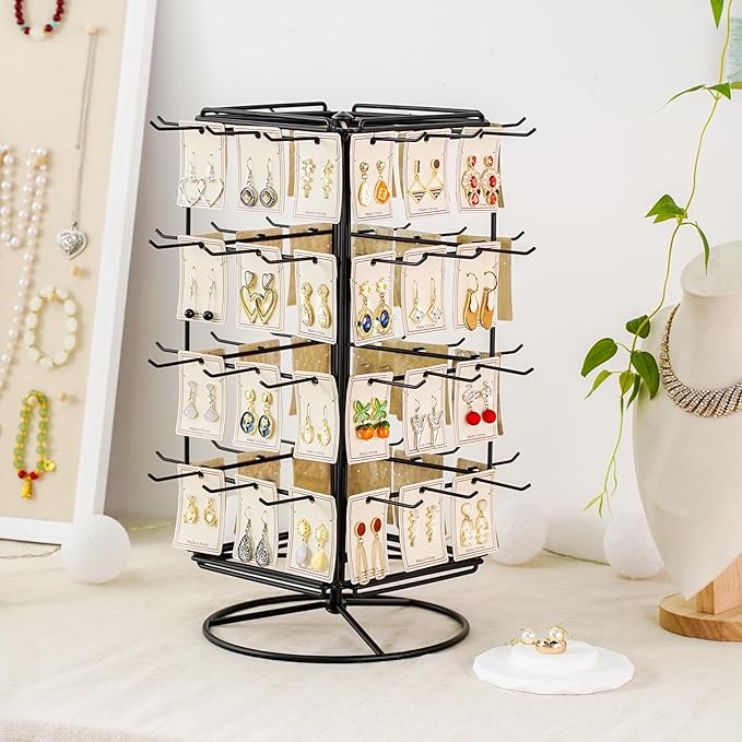 360 Rotating Earring Display Stands for Selling, 4 Tier Metal Earring Rack Holder Stand, Jewelry Display for Selling Earring Cards, Bracelets, Necklaces, KeyChains, Hair Accessories (48 Hooks)