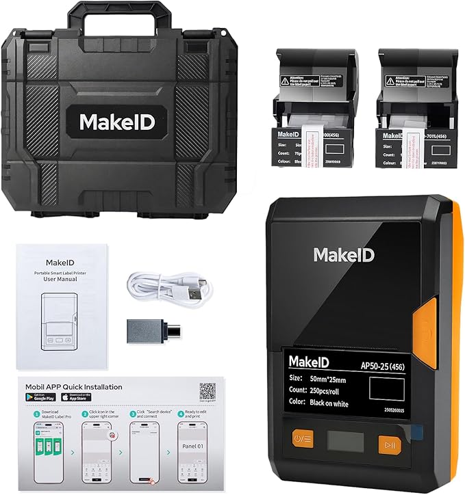 MakeID EP53 Label Maker with Hard Case, Portable Industrial 2" Print Head Bluetooth Label Printer, Mobile APP & PC Editor Compatible, 2000mAh Li-ion Battery, Come with 3 Label Cartridges for Job Sites