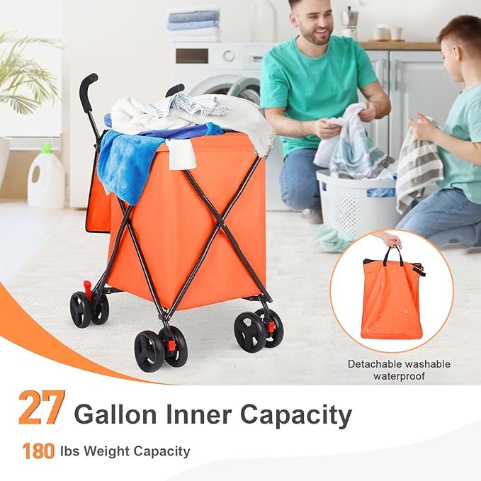 27 Gal/180 LBS Capacity Shopping Cart, Upgrade Huge Grocery Cart on Wheels,Heavy Duty Foldable Utility 360° Rolling Swivel Wheels for Shopping Picnic Groceries Laundry (Orange)