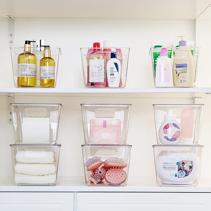 Vtopmart 4 Pack Clear Stackable Storage Bins with Lids, Large Plastic Containers with Handle for Pantry Organizer and Storage,Perfect for Kitchen,Fridge,Cabinet, Closet,Bathroom Organization