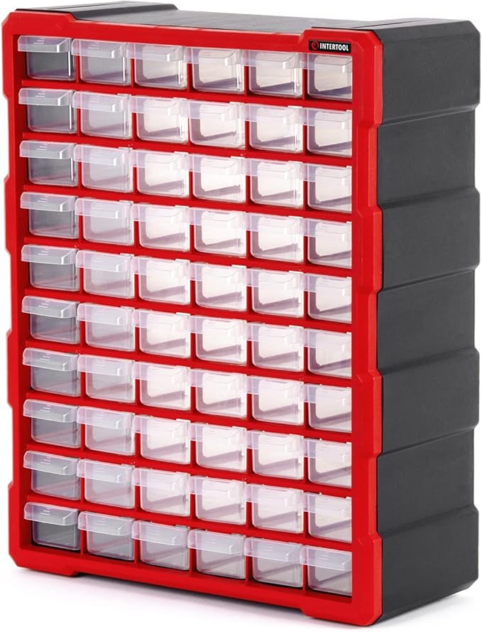 INTERTOOL Small Parts Organizer for Hardware & Screws | 60 Removable Bins with Dividers | Wall Mount or Desktop Craft & Lego Storage Cabinet | 19” x 15” x 7” BX08-4016