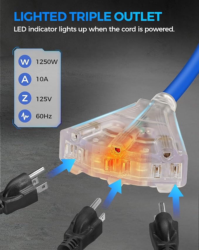 75 FT Retractable Extension Cord Reel, Heavy Duty Extension Cord, 14AWG/3C SJTOW, 3 Grounded Outlets Lighted Triple Tap, 10A Circuit Breaker, Wall/Ceiling Mounted, ETL Listed, Blue U75ACR06