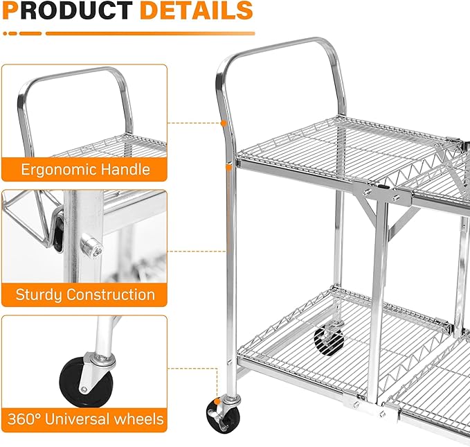 Collapsible 2 Shelf Wire Cart, Heavy Duty Collapsible Wire Rolling Utility Cart with Locking Brakes, 500lb Capacity, Folds Up for Storage, Chrome, 37.5" x 20.4" W x 36.2" H