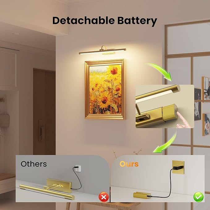 24" Picture Frame Light with 1pcs Extra 8000mAh Battery - Brass Cordless Rechargeable Wall Sconce with Remote for Office, Hallway & Large Art