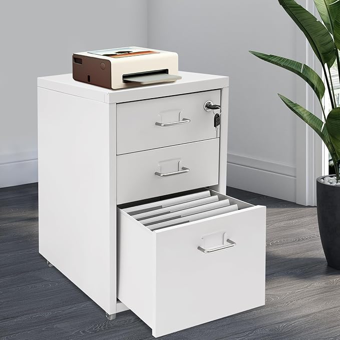 3 Drawer Metal Storage Cabinet Mobile File Cabinet with Lock Under Desk Office Storage Cabinet for Office & Home Fits Letter/Standard Sizes(White)