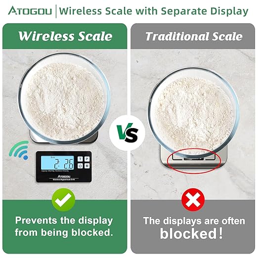 Atogou Food Scale, 33lb Wireless Kitchen Scale with Remote Display, 1g/0.1oz Precise Graduation, Food-Grade 304 Stainless Steel, Digital Food Scale for Cooking, Baking, Postage, Shipping Black&Grey