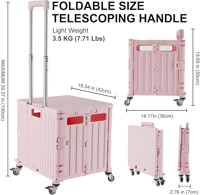 Folding Utility Cart Portable Rolling Crate Handcart Shopping Trolley Collapsible Tool Box, with Lid, Basket on 4 Rotate Wheels, for Grocery, Shopping, Office, Teacher (Pink)