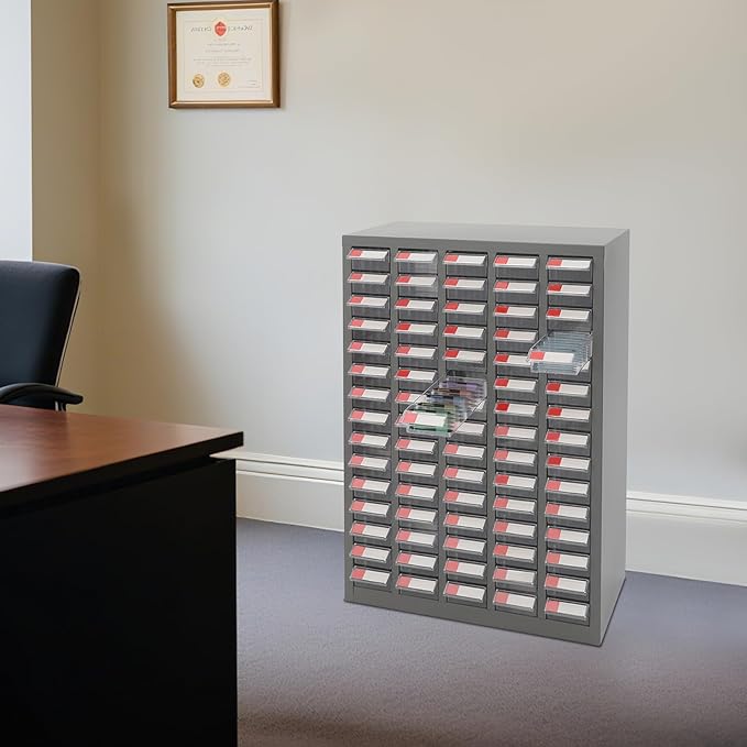Drawer Storage Cabinet | Storage Cabinet Part Organization Shelves | Bolt and Nut Tool Storage Steel Cabinet | Hardware Organizer and Storage Organization | with Dividers and Labels (Clear)