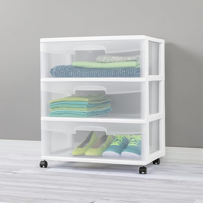 3 Drawer Wide Plastic Storage Cart with Clear Pull-Out Drawers & 4 Wheels - Medium Home Organization Container for Classroom Bathroom Dorm Bedroom Laundry Room (White)