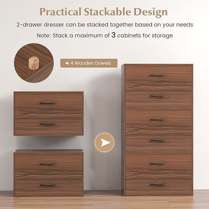 GOFLAME Stackable 2-Drawer Dresser Set of 2, Wood Horizontal Storage Organizer with Metal Handle & Smooth Sliders, Lateral File Cabinet with Anti-tilt Kit for Bedroom Office, Walnut