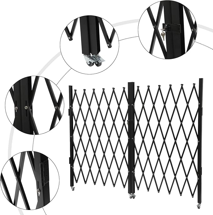Double Folding Security Gate 5.25' H x 9.84' W Iron Accordion Security Gate Flexible Expanding Security Gate 360° Rolling Barricade Scissor Door with Padlock for Entry Security, Garage, Warehouse