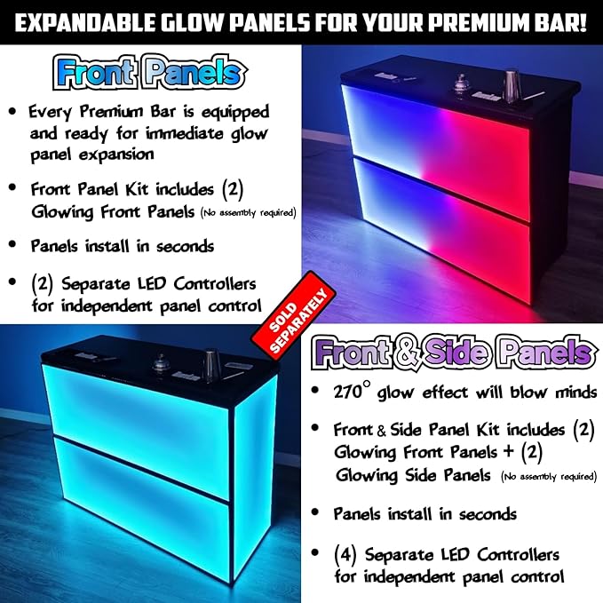 Commercial Grade Glowing Premium Portable Bar Table w/Mobile App, Wireless Remote, Bluetooth Connectivity, Folding Legs, Black Fabric Bar Skirt, 2 Storage Shelves & 2 Carrying Cases - Black Skirt