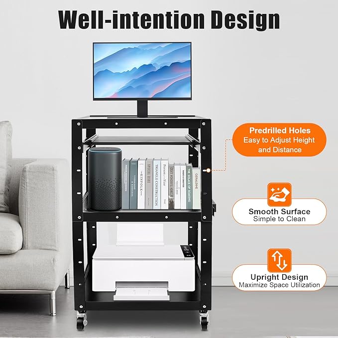 Steel Rolling AV Cart on Wheels, Commercial Furniture Mobile Utility Rolling Media Carts Computer Workstation with Height Adjustable Shelf, Keyboard Tray, Power Outlet and Plugs for Home Office, Black