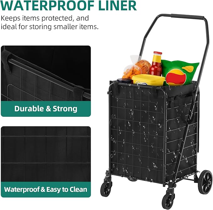 YITAHOME Folding Shopping Cart with Liner, Foldable Grocery Cart with Wheels for Seniors, Portable Collapsible Utility Carts for Shopping, Groceries, Laundry & Storage