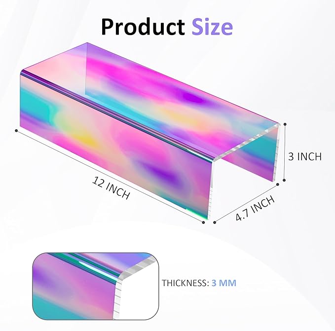 Acrylic Shelf Riser 12x4.7x3 pack of 2, Iridescent Desktop Rectangular Acrylic Tray Pedestal Stand for Funko Pop Figure, Bags, 12x4.7x3 Inch