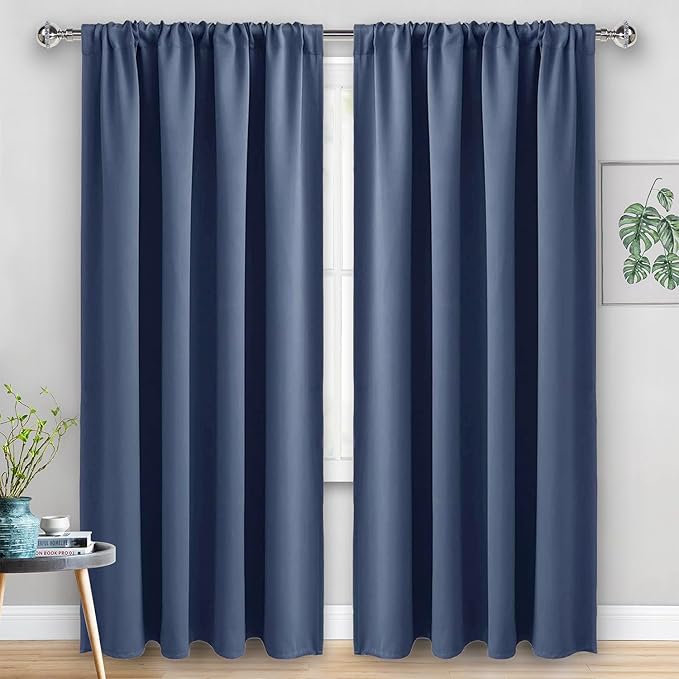 JIUZHEN Dusty Blue Blackout Curtains for Bedroom - Thermal Insulated Room Darkening Rod Pocket Curtains for Living Room, Set of 2 Panels with Tiebacks, 70 x 96 Inch Length, Dusty Blue