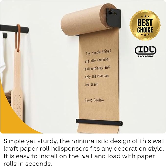 IDL Packaging 24" Wall Mounted Kraft Paper Roll Dispenser & Cutter for Rolls up to 24" Wide and 9" in Diameter – Durable Paper Holder with a Serrated Blade – Wall Mount Set Included