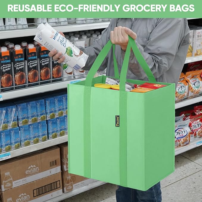 BALEINE 4 PK Grocery Bags Reusable Shopping Bags with Reinforced Bottom, Heavy Duty Foldable Tote BagsLight Green, 4 Pack