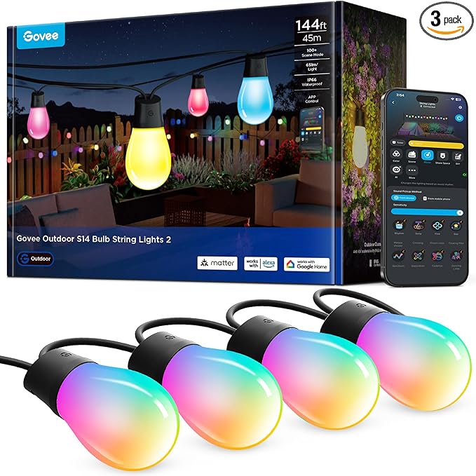 Govee S14 Bulb Outdoor String Lights 2, 144ft Smart RGBIC Warm White Patio Lights with 45 LED Bulbs, 111 Scene Modes for Outdoor Decor, Works with Alexa, Google, Matter, APP Control, IP66 Waterproof